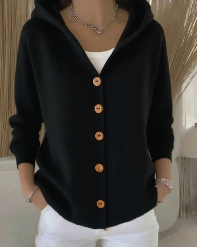 Women's Cashmere Button Knitted Hooded Sweater Cardigan Coat