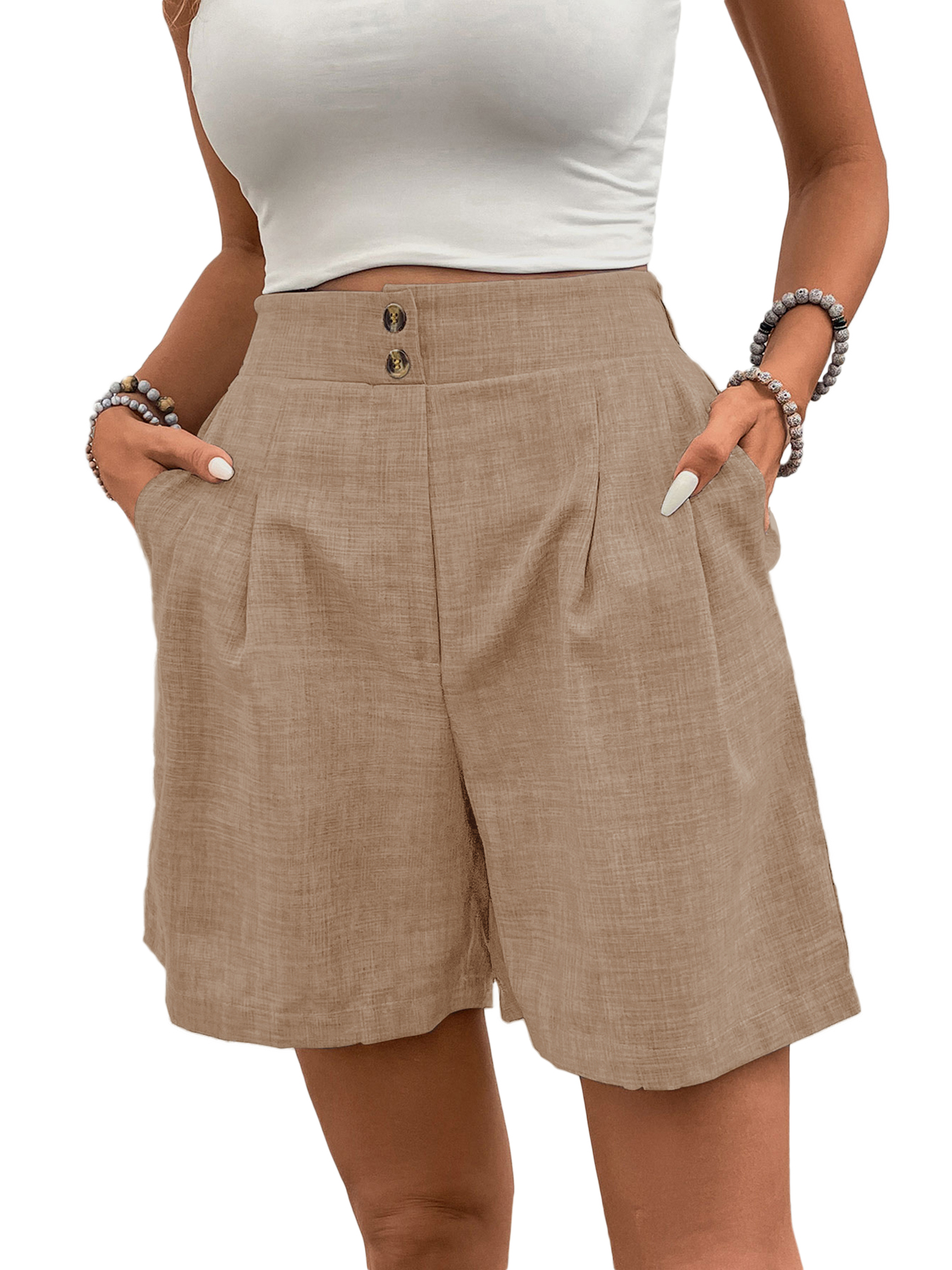 Women High-Waisted Wide-Leg Tencel linen  Shorts Pleated Casual Summer Shorts
