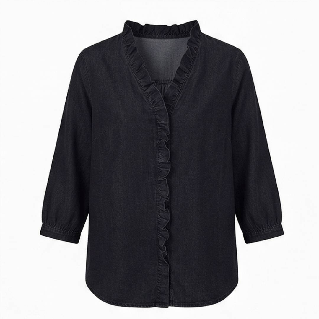 Ravopeak™ – Soft Ruffled Denim Shirt with High Low Hem