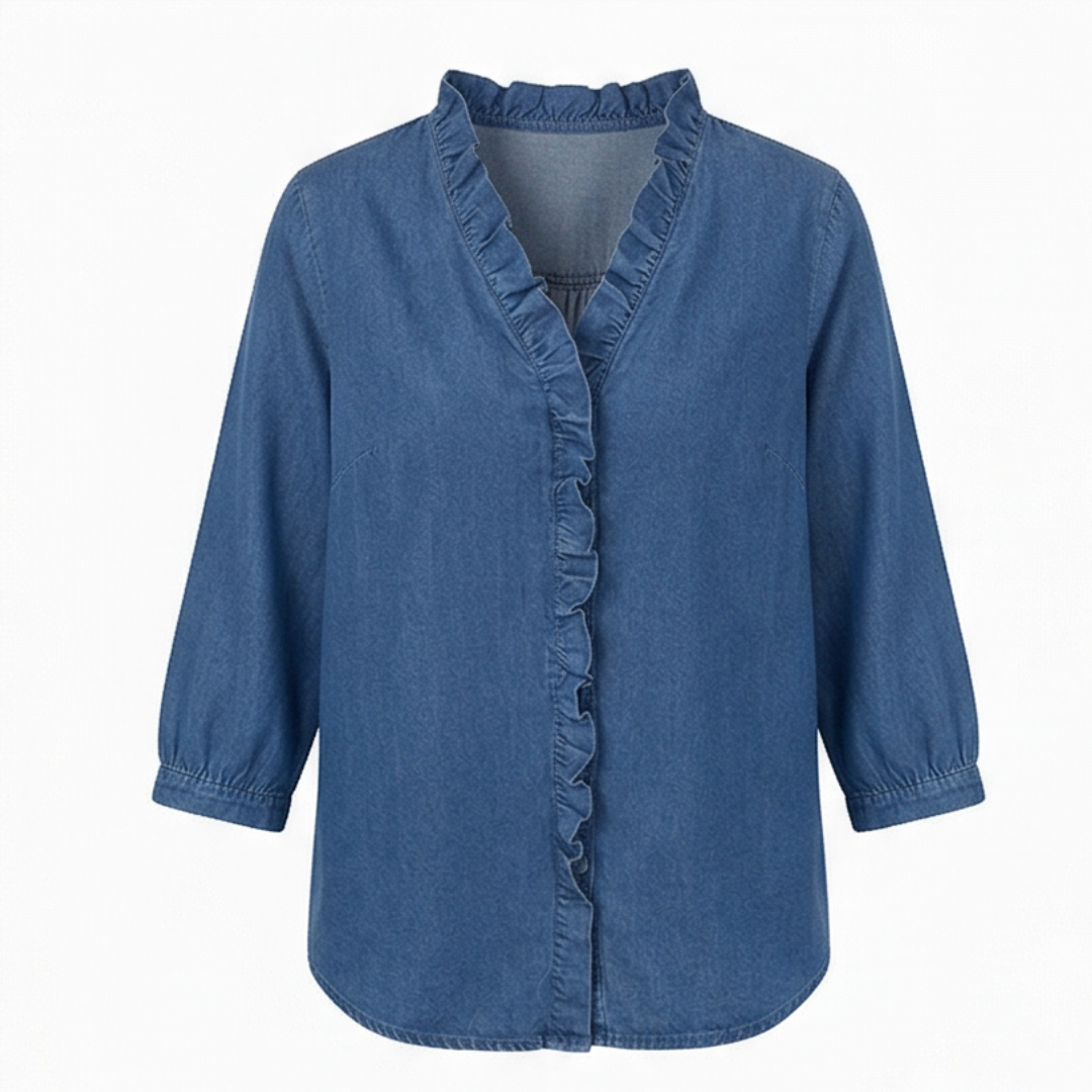 Ravopeak™ – Soft Ruffled Denim Shirt with High Low Hem