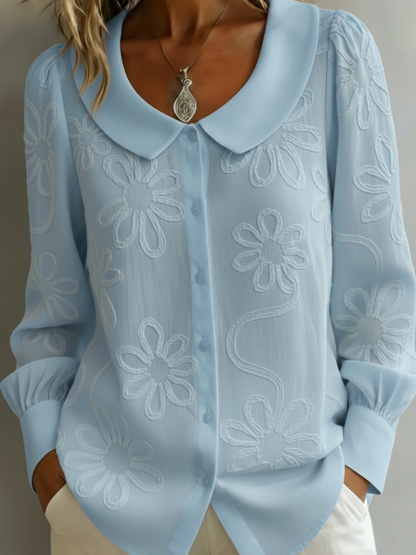 Elegant Peter Pan Collar Embroidered Floral Shirt