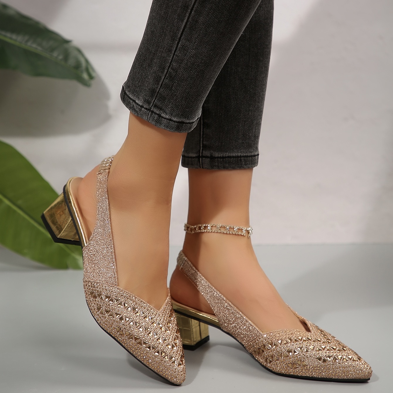 Women'S Elegant Rhinestone Slip On Heel Sandals