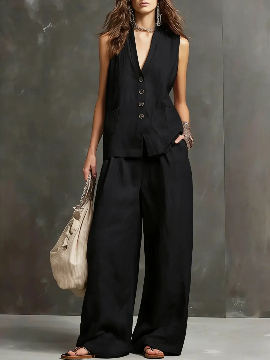 Women's Simple Sleeveless Cotton And Linen Set