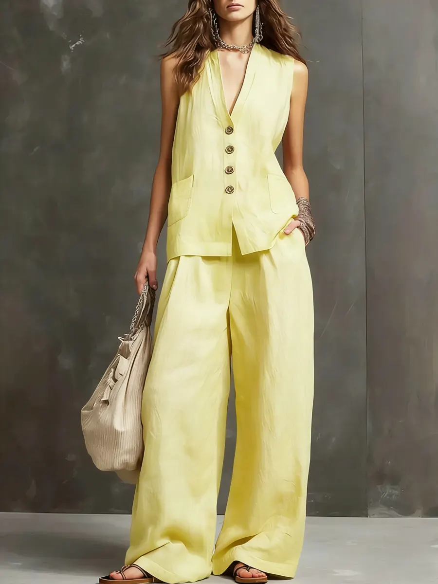 Women's Simple Sleeveless Cotton And Linen Set