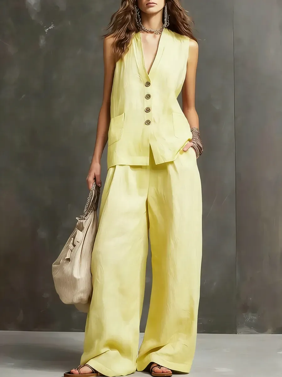 Women's Simple Sleeveless Cotton And Linen Set