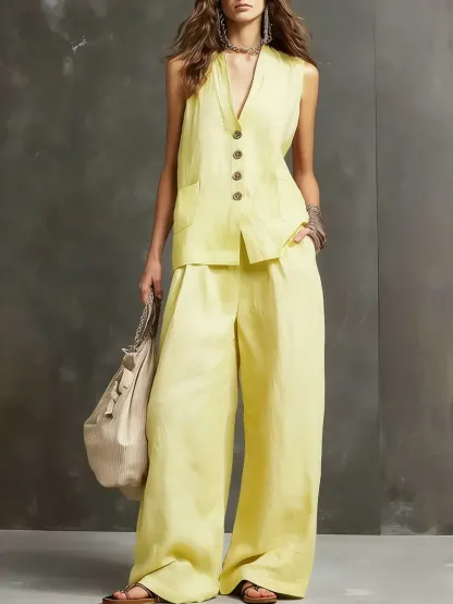 Women's Simple Sleeveless Cotton And Linen Set