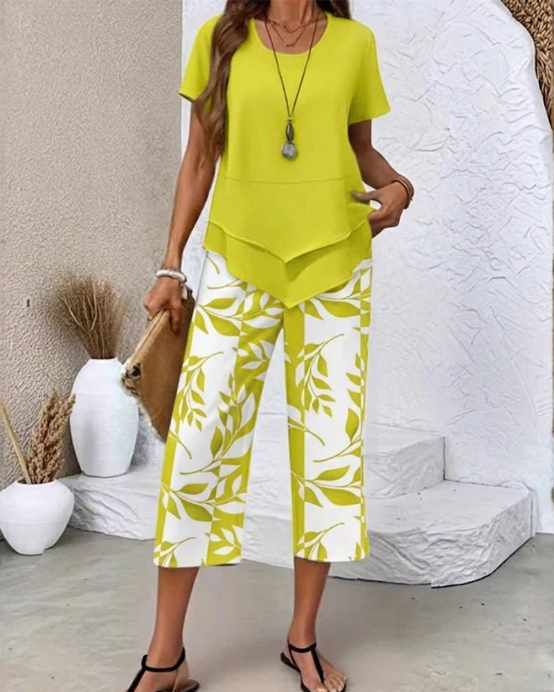 Printed Cropped Pants Casual Two-Piece Set