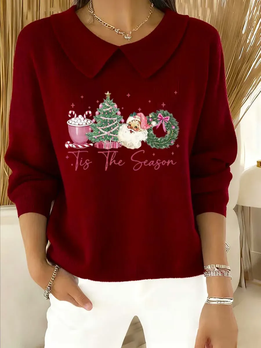 Women's Christmas Pattern Art Casual Peter Pan Collar 3/4 Sleeve Sweater
