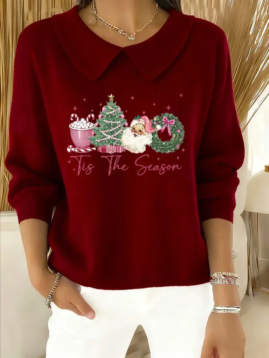 Women's Christmas Pattern Art Casual Peter Pan Collar 3/4 Sleeve Sweater