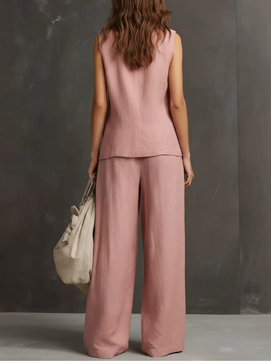 Women's Simple Sleeveless Cotton And Linen Set