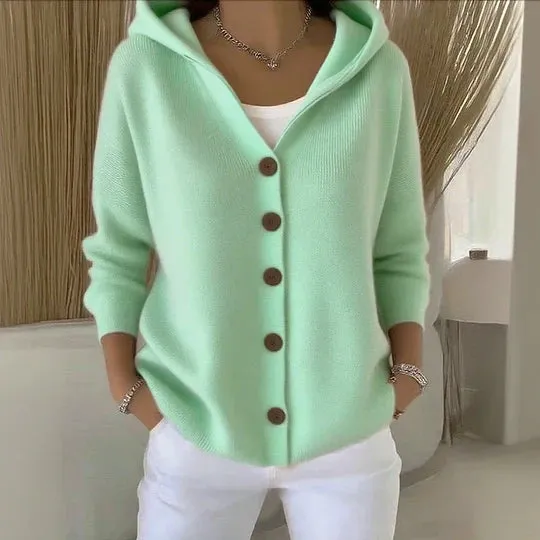 Women's Cashmere Button Knitted Hooded Sweater Cardigan Coat