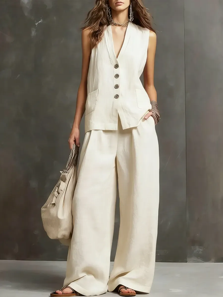 Women's Simple Sleeveless Cotton And Linen Set