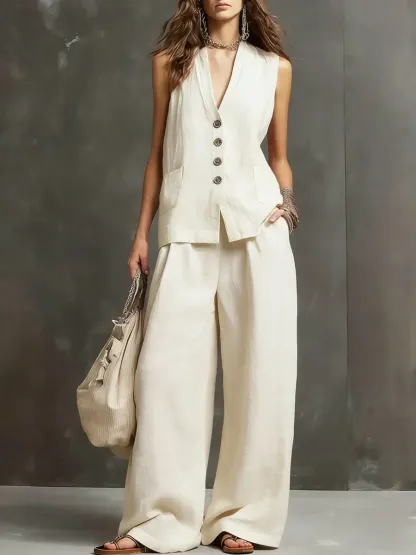 Women's Simple Sleeveless Cotton And Linen Set