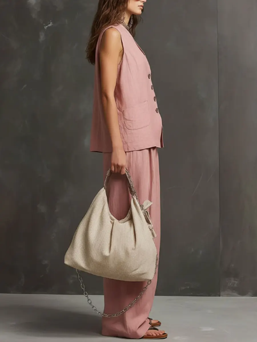 Women's Simple Sleeveless Cotton And Linen Set