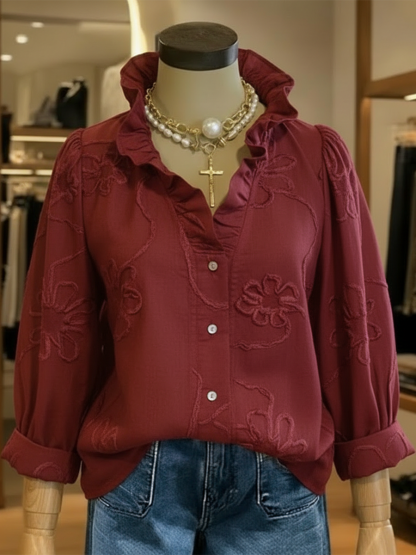 Casual Romantic Ruffled Collar Embroidery Cotton Shirt