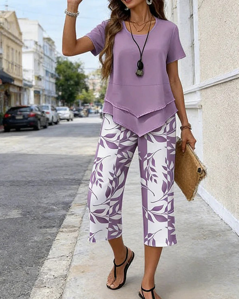 Printed Cropped Pants Casual Two-Piece Set