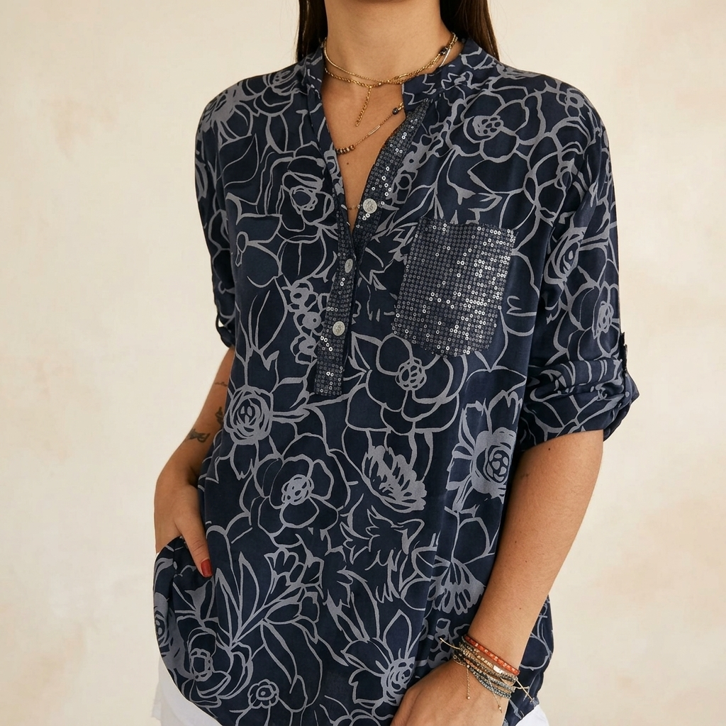 Ravopeak™ – Sequin Pocket Floral Blouse