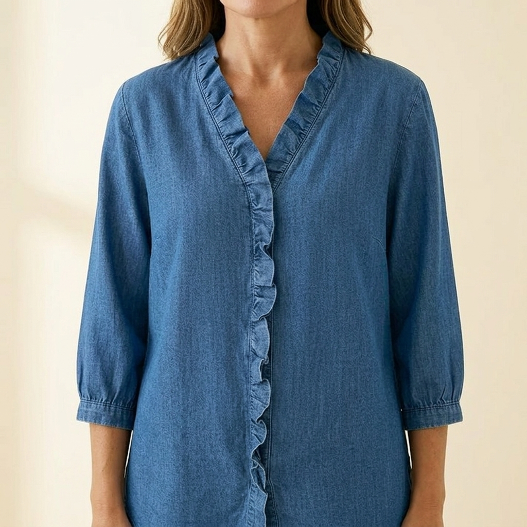 Ravopeak™ – Soft Ruffled Denim Shirt with High Low Hem