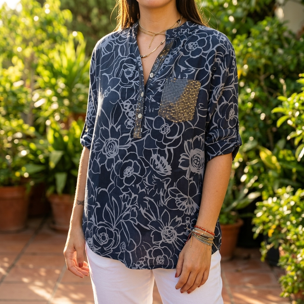Ravopeak™ – Sequin Pocket Floral Blouse