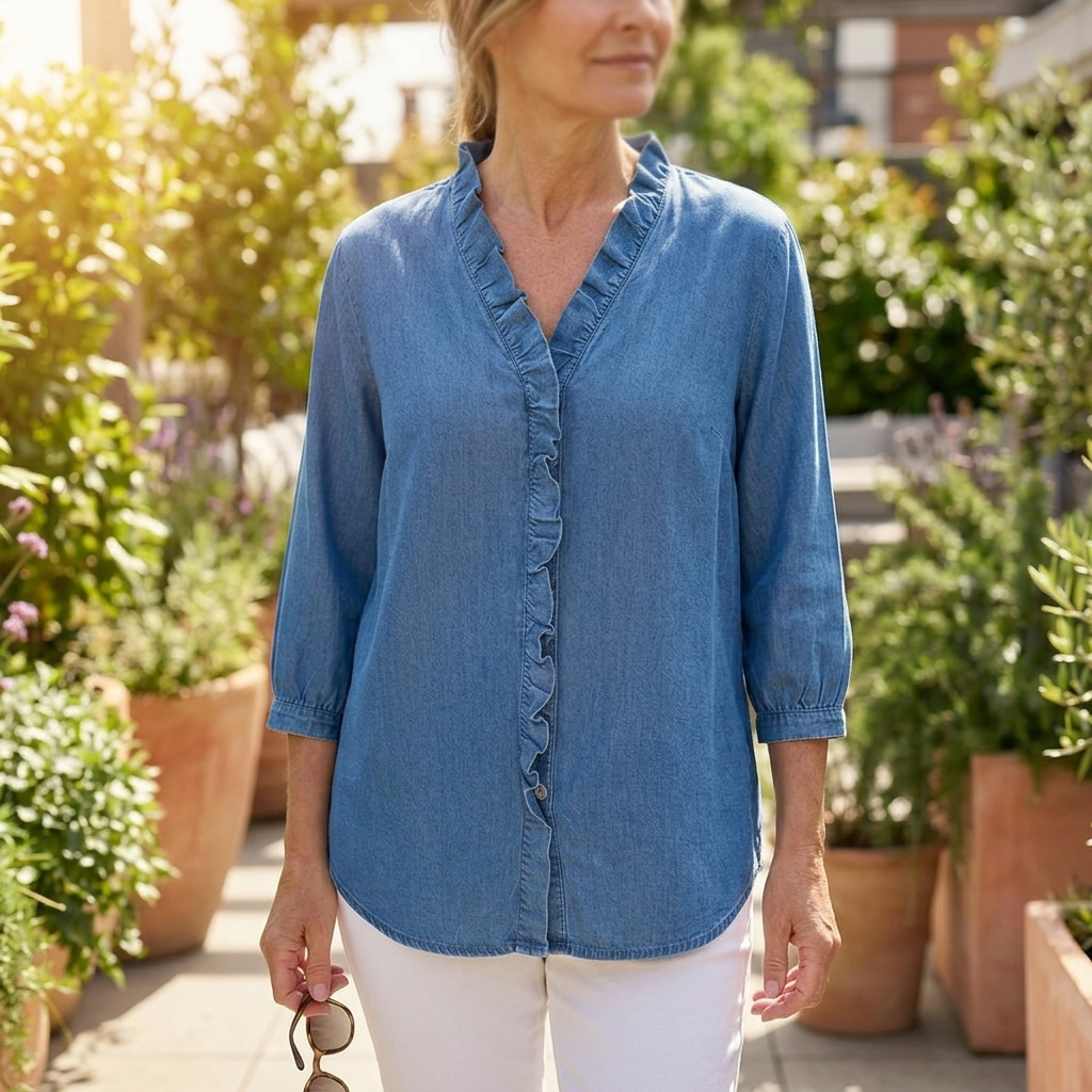 Ravopeak™ – Soft Ruffled Denim Shirt with High Low Hem