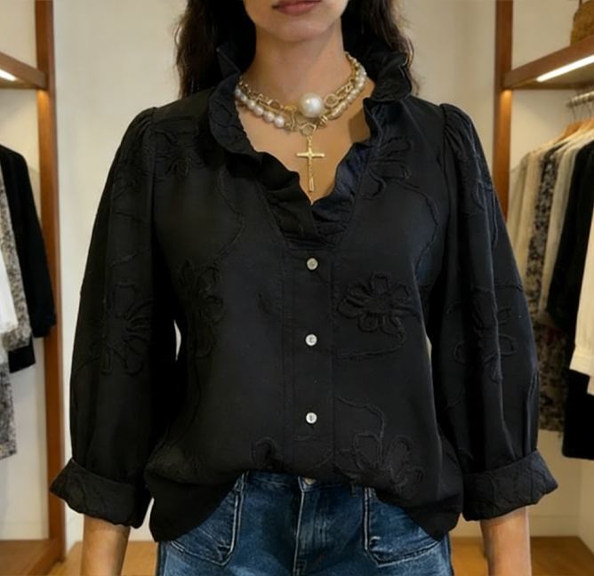 Casual Romantic Ruffled Collar Embroidery Cotton Shirt