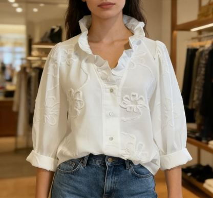 Casual Romantic Ruffled Collar Embroidery Cotton Shirt