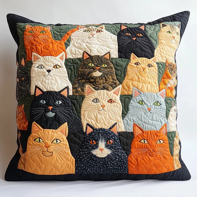 Cat Cluster Quilted Pillow