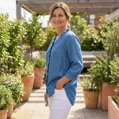Ravopeak™ – Soft Ruffled Denim Shirt with High Low Hem