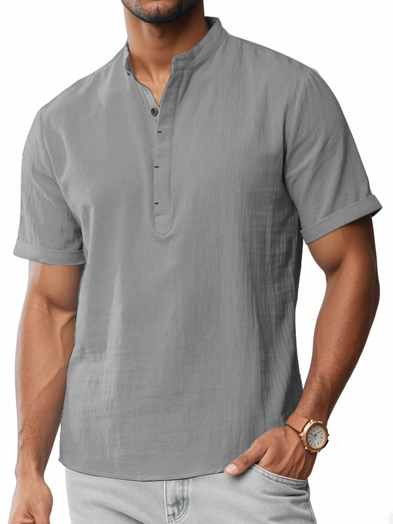 Men's Cotton And Linen Stand-up Collar Quality Short-sleeved Shirt