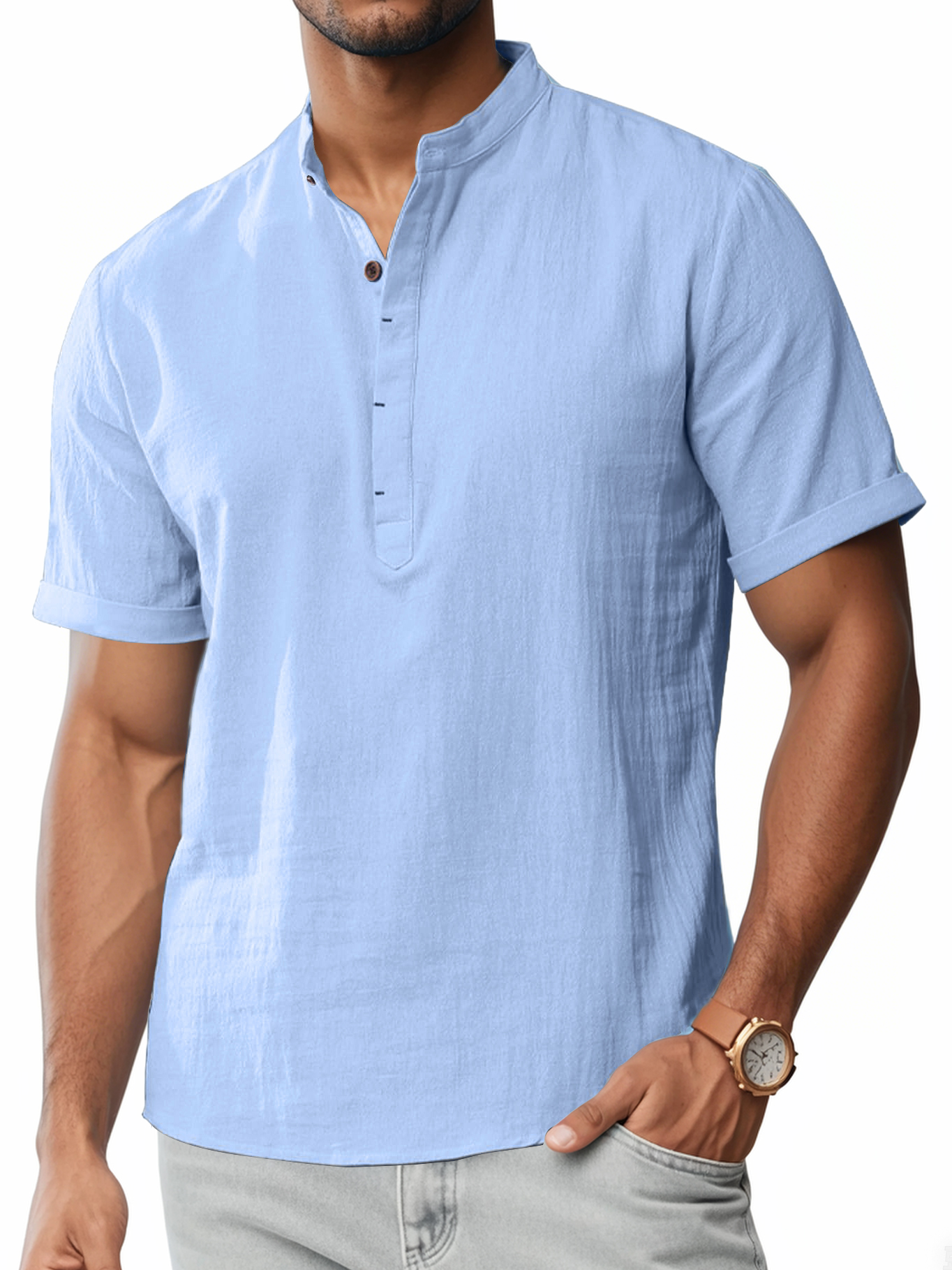 Men's Cotton And Linen Stand-up Collar Quality Short-sleeved Shirt