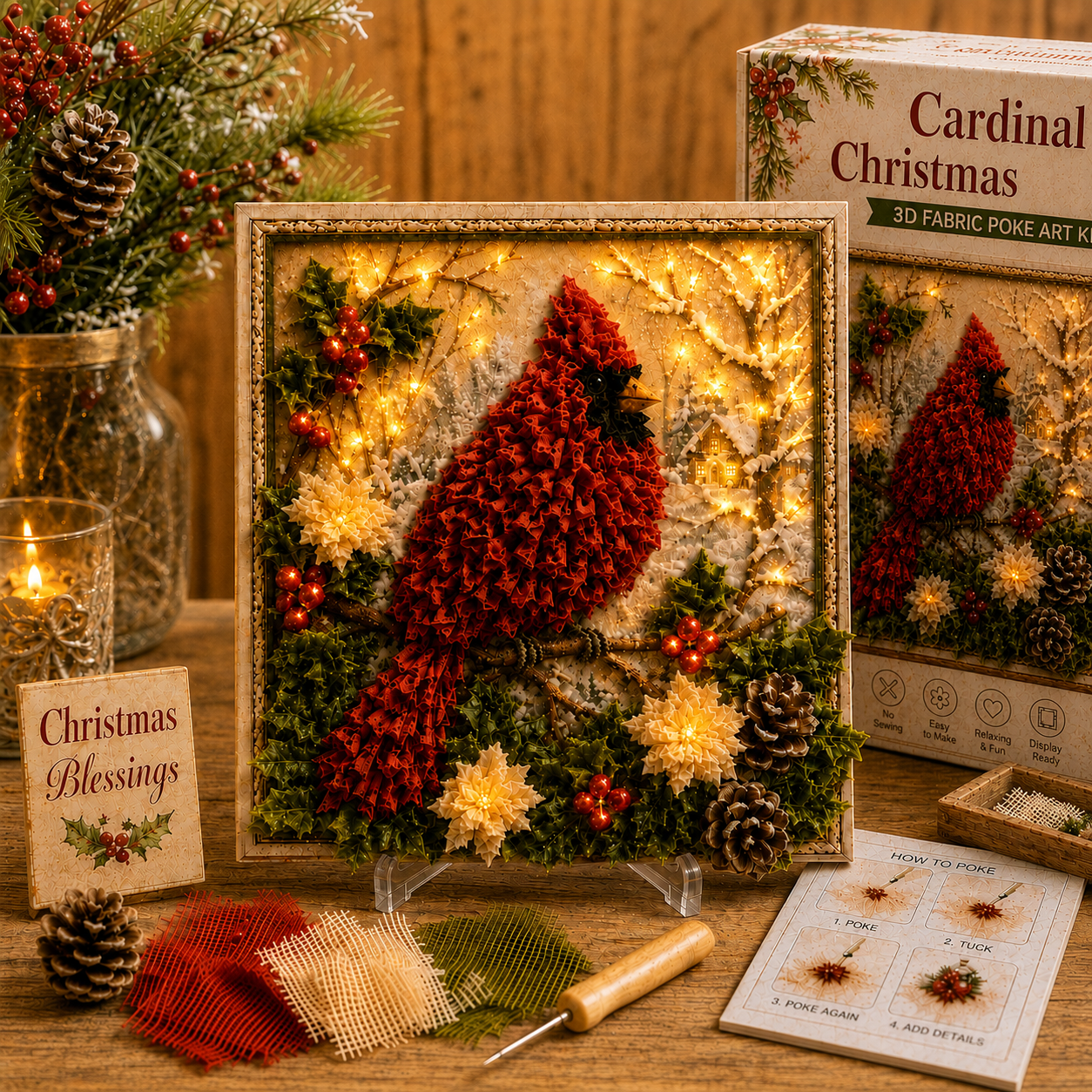 🎄🧵 Premium 3D Christmas Fabric Poke Art Kit | No-Sew Holiday Craft with Pre-Punched Board, Fabric Squares & Display Stand 🎅✨