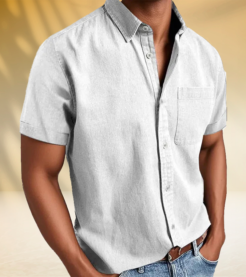 Classic Short-Sleeve Button-Up Shirt for Men – Soft Washed Fabric with Chest Pocket