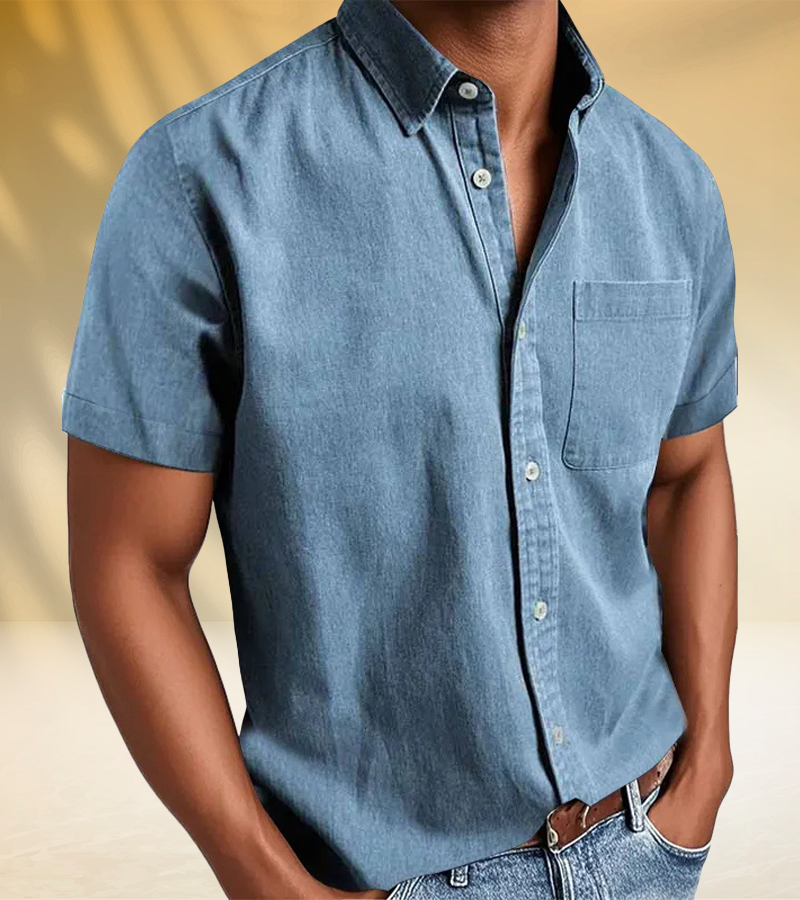 Classic Short-Sleeve Button-Up Shirt for Men – Soft Washed Fabric with Chest Pocket