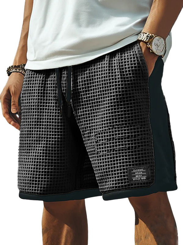 Men's Fashion Retro Patchwork Contrast Color Embroidered Logo Loose Elastic Drawstring Pocket Shorts