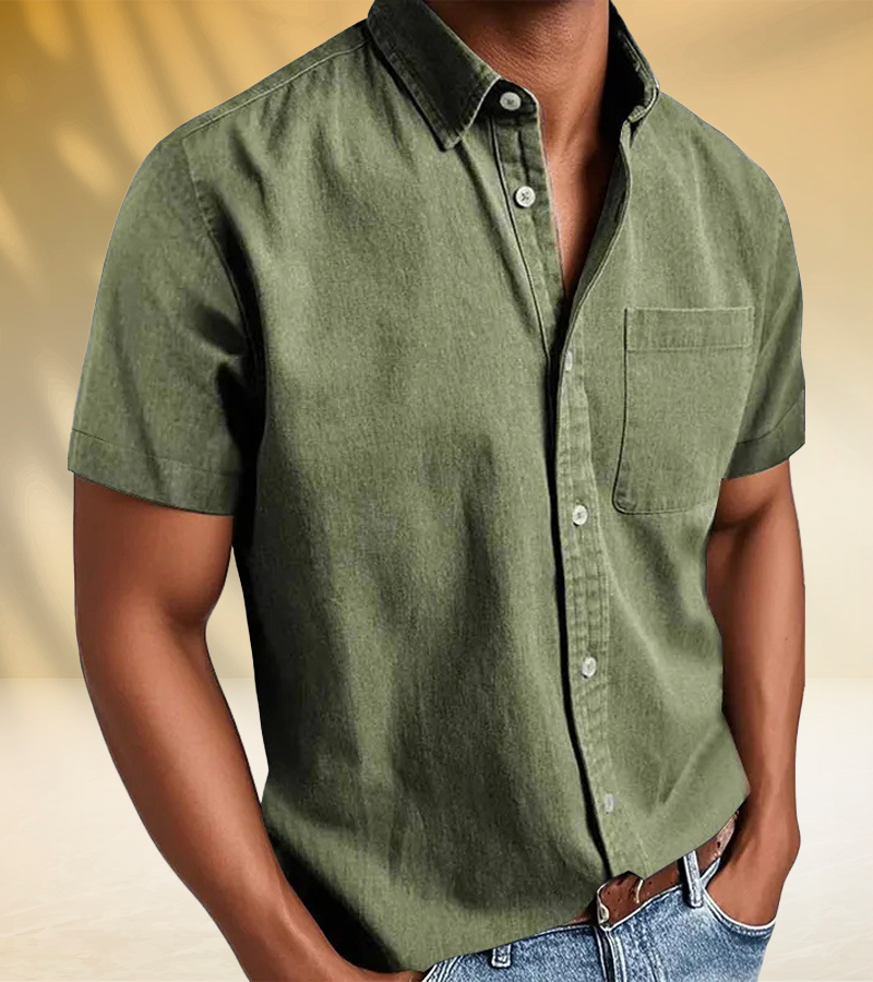 Classic Short-Sleeve Button-Up Shirt for Men – Soft Washed Fabric with Chest Pocket