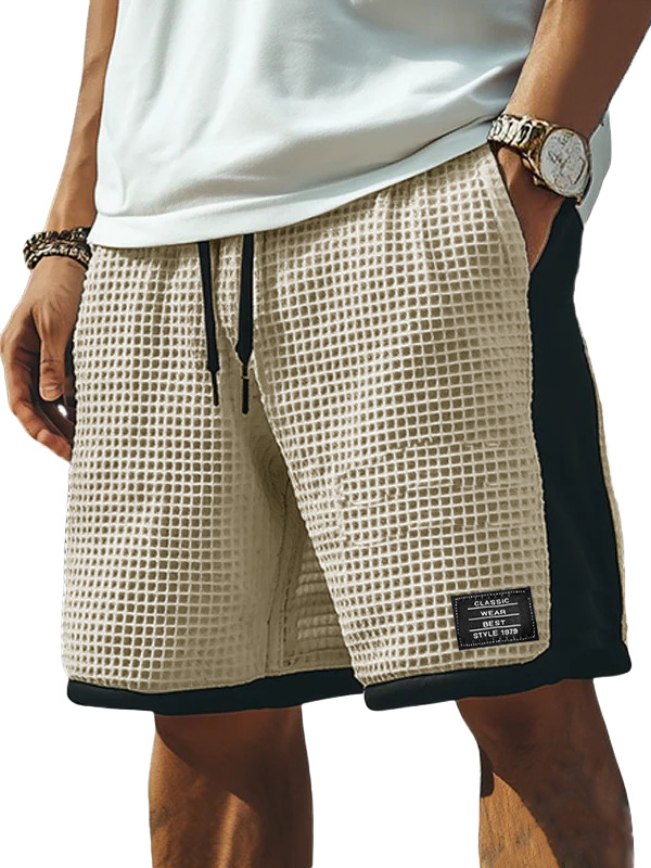 Men's Fashion Retro Patchwork Contrast Color Embroidered Logo Loose Elastic Drawstring Pocket Shorts
