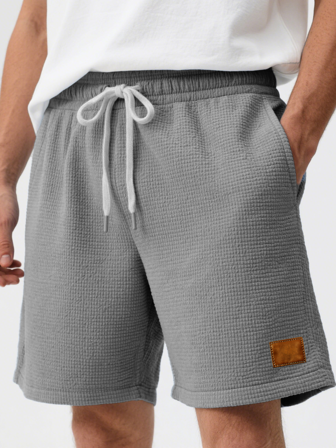 Men's Fashion Casual Waffle Fabric Embroidered Logo Lace-up Loose Shorts