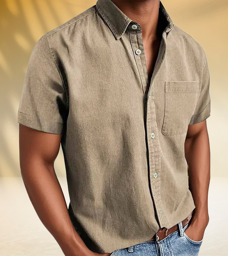 Classic Short-Sleeve Button-Up Shirt for Men – Soft Washed Fabric with Chest Pocket