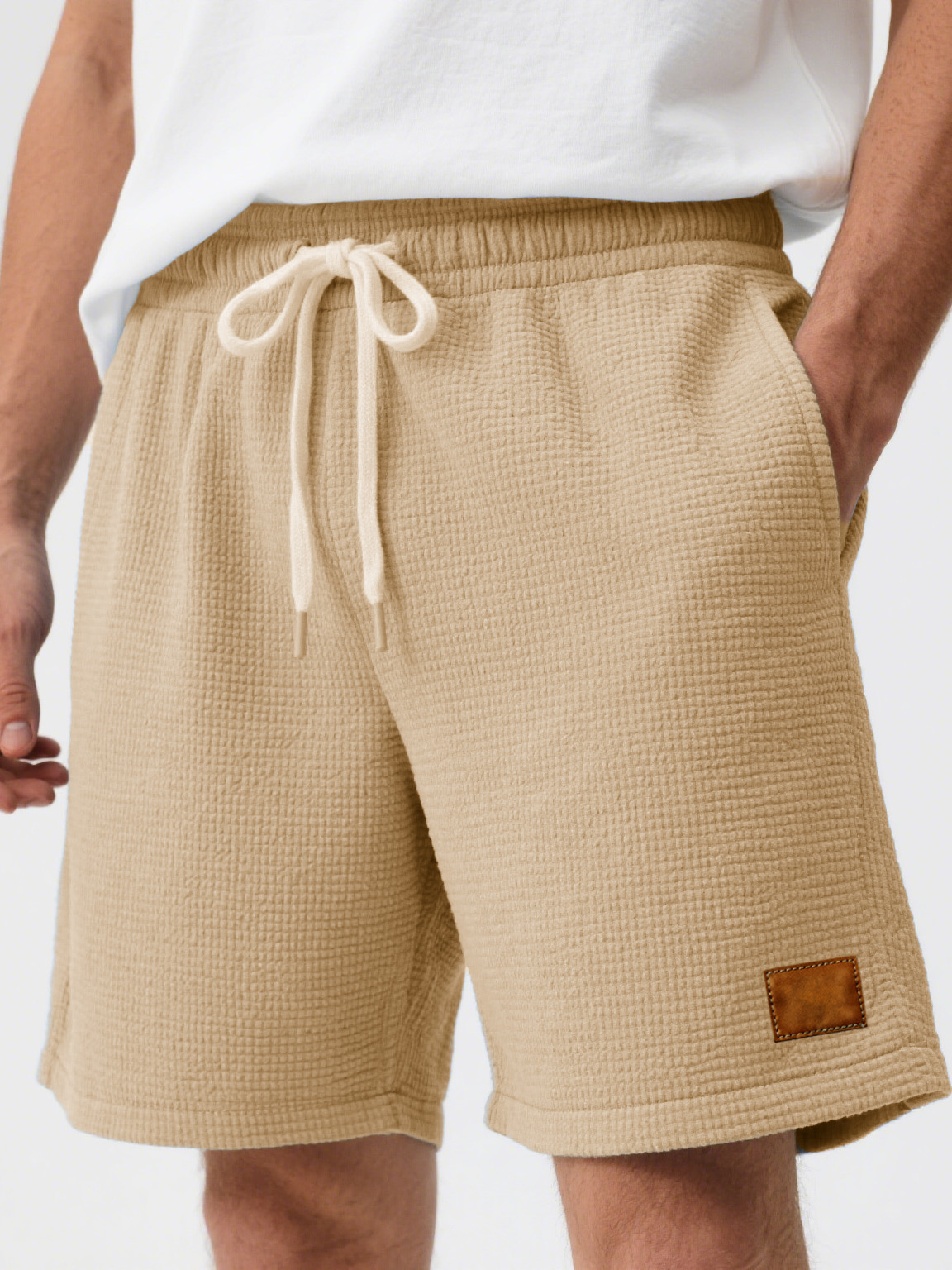 Men's Fashion Casual Waffle Fabric Embroidered Logo Lace-up Loose Shorts