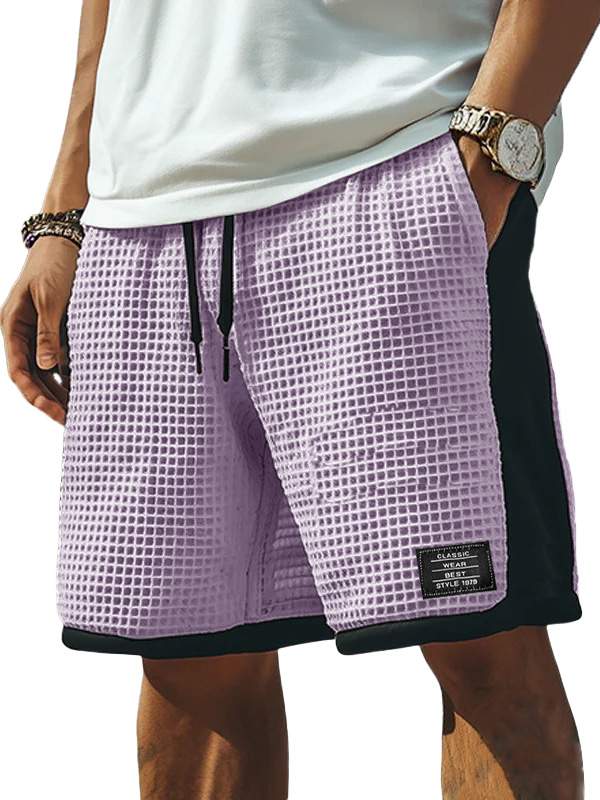 Men's Fashion Retro Patchwork Contrast Color Embroidered Logo Loose Elastic Drawstring Pocket Shorts