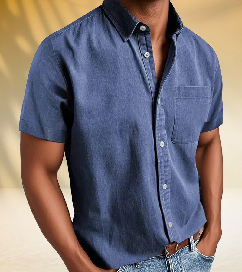 Classic Short-Sleeve Button-Up Shirt for Men – Soft Washed Fabric with Chest Pocket