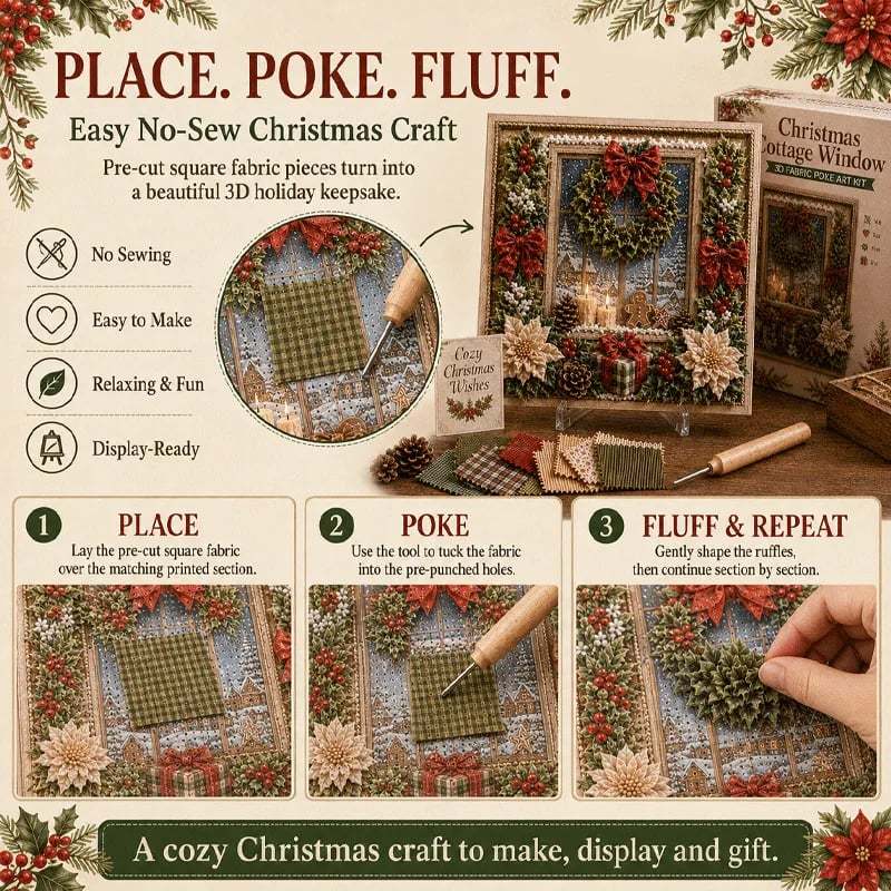 🎄🧵 Premium 3D Christmas Fabric Poke Art Kit | No-Sew Holiday Craft with Pre-Punched Board, Fabric Squares & Display Stand 🎅✨