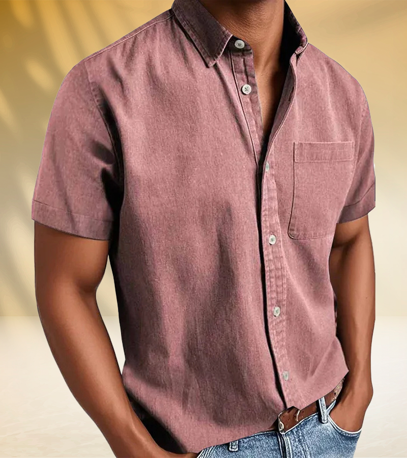 Classic Short-Sleeve Button-Up Shirt for Men – Soft Washed Fabric with Chest Pocket