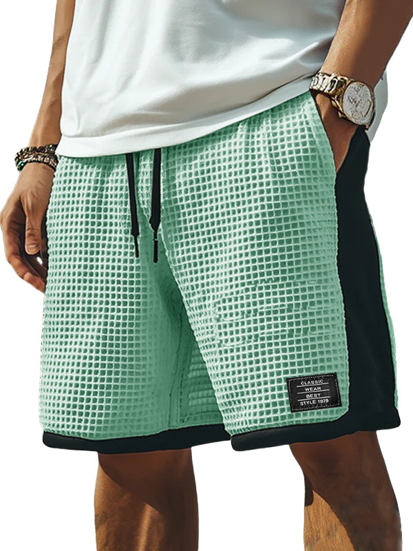 Men's Fashion Retro Patchwork Contrast Color Embroidered Logo Loose Elastic Drawstring Pocket Shorts