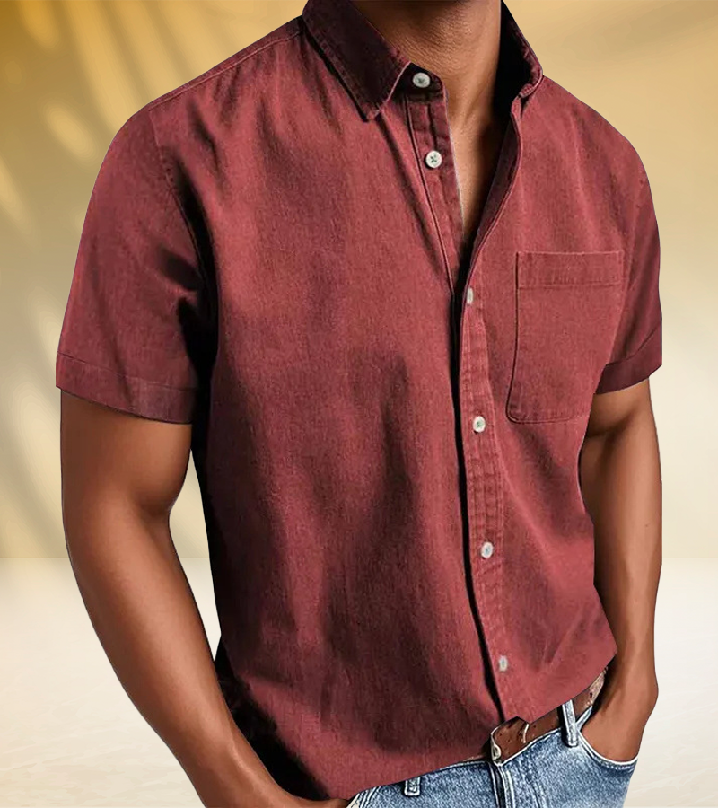 Classic Short-Sleeve Button-Up Shirt for Men – Soft Washed Fabric with Chest Pocket