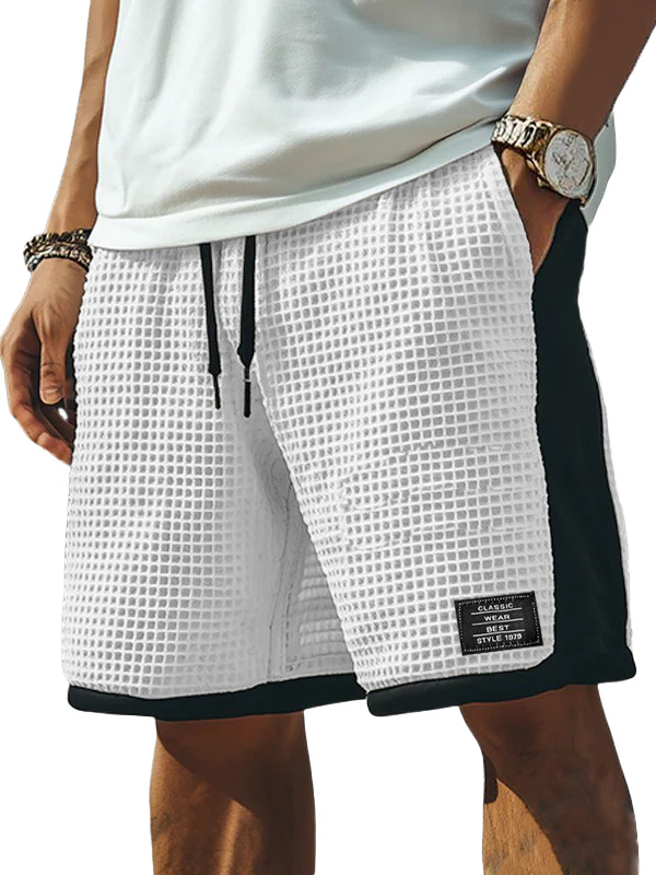 Men's Fashion Retro Patchwork Contrast Color Embroidered Logo Loose Elastic Drawstring Pocket Shorts