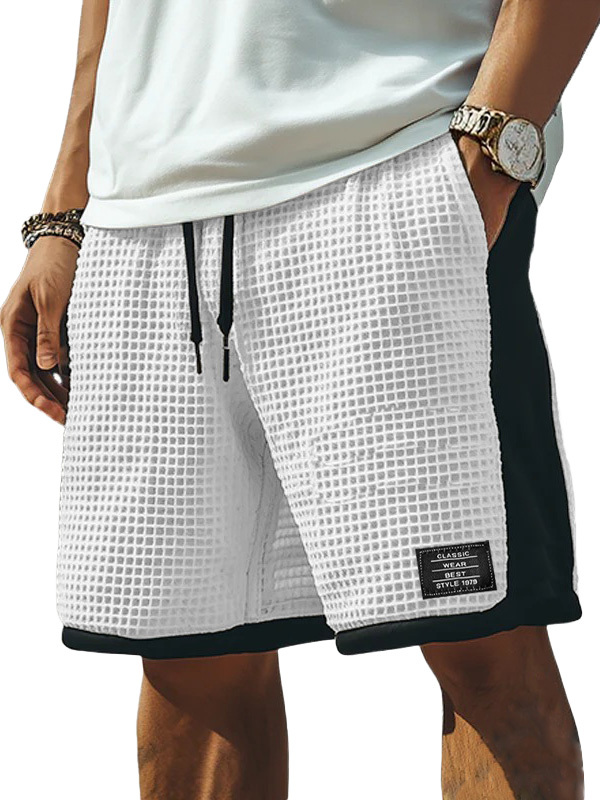 Men's Fashion Retro Patchwork Contrast Color Embroidered Logo Loose Elastic Drawstring Pocket Shorts