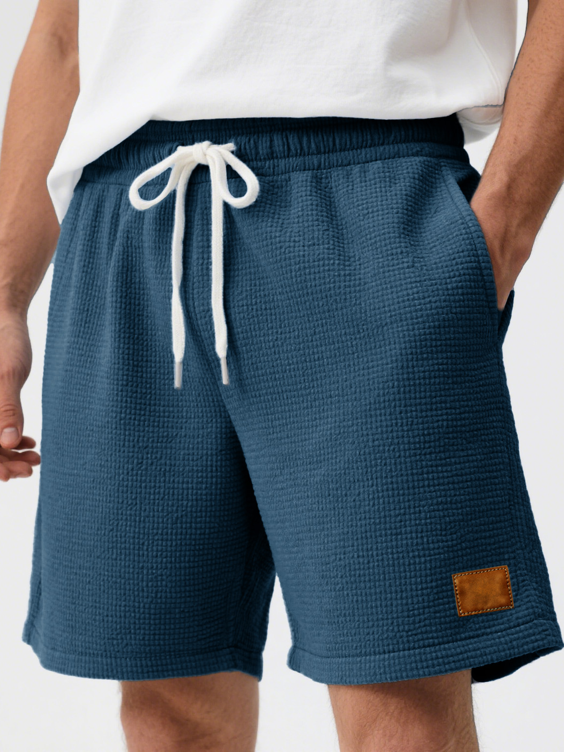 Men's Fashion Casual Waffle Fabric Embroidered Logo Lace-up Loose Shorts