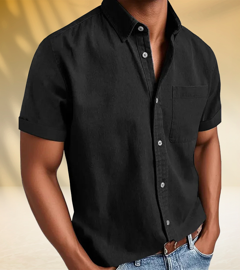 Classic Short-Sleeve Button-Up Shirt for Men – Soft Washed Fabric with Chest Pocket