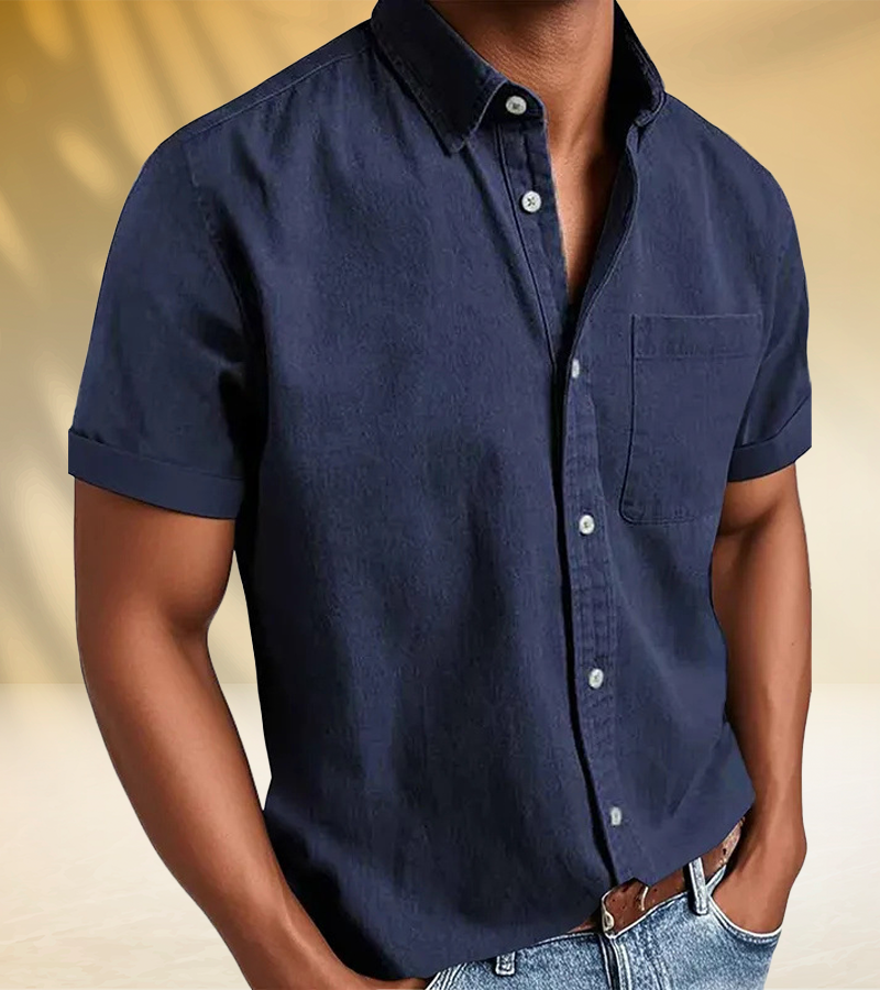 Classic Short-Sleeve Button-Up Shirt for Men – Soft Washed Fabric with Chest Pocket
